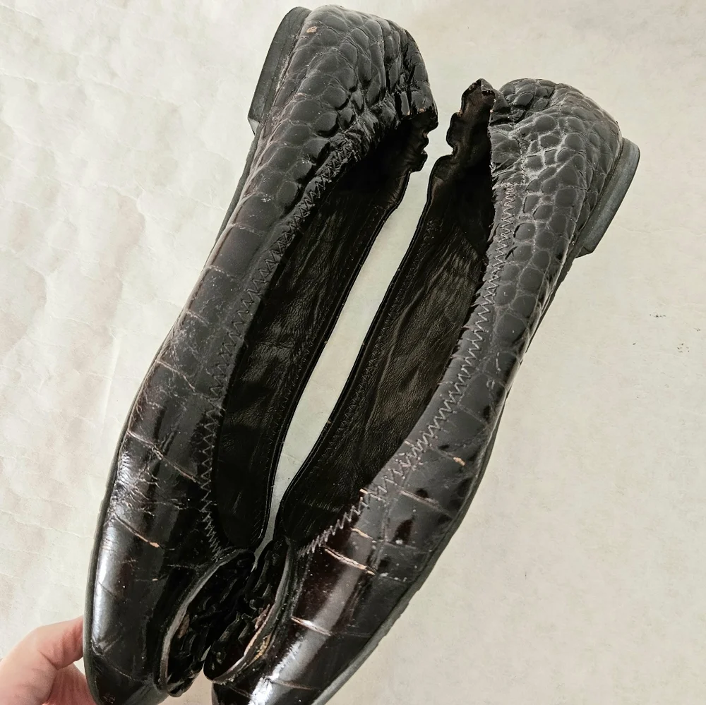 Tory Burch Brown Patent Leather Embossed Ballet Flats